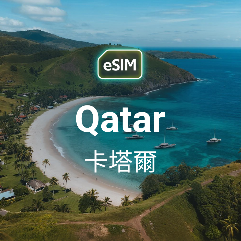 HKeSIM 卡達專用 eSIM 產品示意圖，背景為杜哈天際線，手機畫面顯示掃描 QR Code 啟用當地 5G 高速網絡。