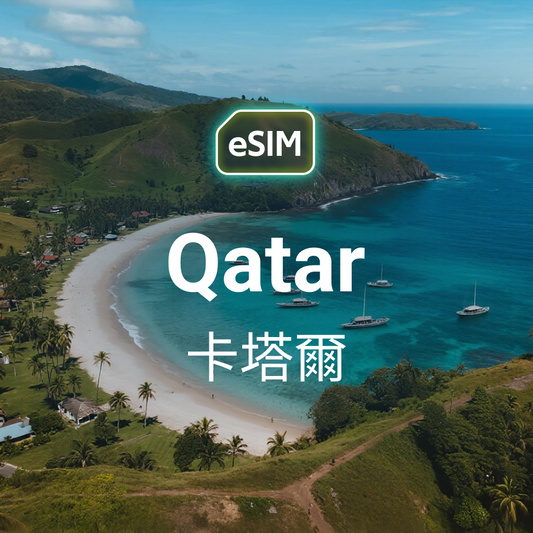 HKeSIM 卡達專用 eSIM 產品示意圖，背景為杜哈天際線，手機畫面顯示掃描 QR Code 啟用當地 5G 高速網絡。