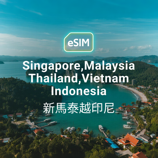 HKeSIM 東南亞專用 eSIM 產品示意圖，顯示手機掃描 QR Code，背景包含越南下龍灣與印尼峇里島景觀，標註五國自動連網。